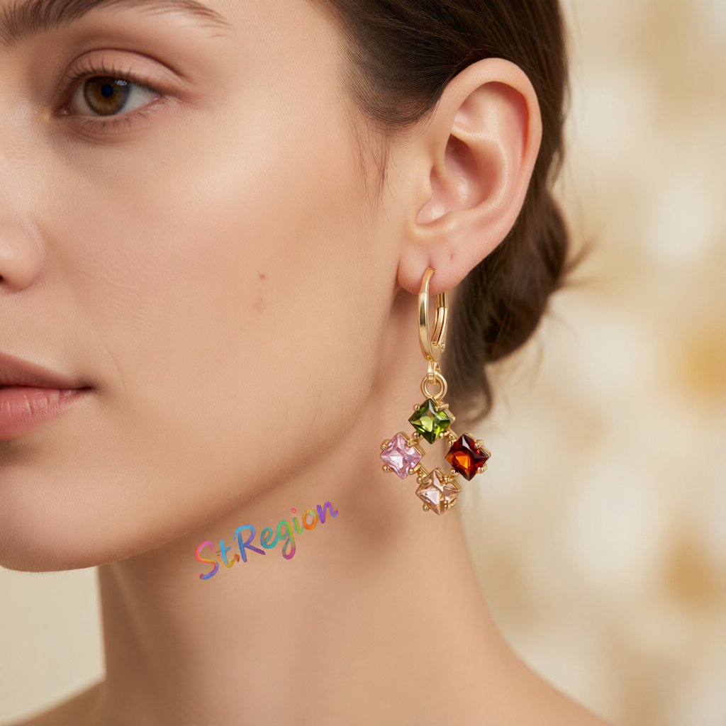 Multicolor Crystal and Cubic Zirconia Princess-Cut Huggie Earrings, huggie earrings, elegant gift for her, styled look