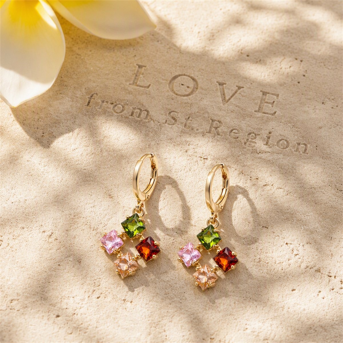 Multicolor Crystal and Cubic Zirconia Princess-Cut Huggie Earrings, huggie earrings, elegant gift for her, lifestyle look