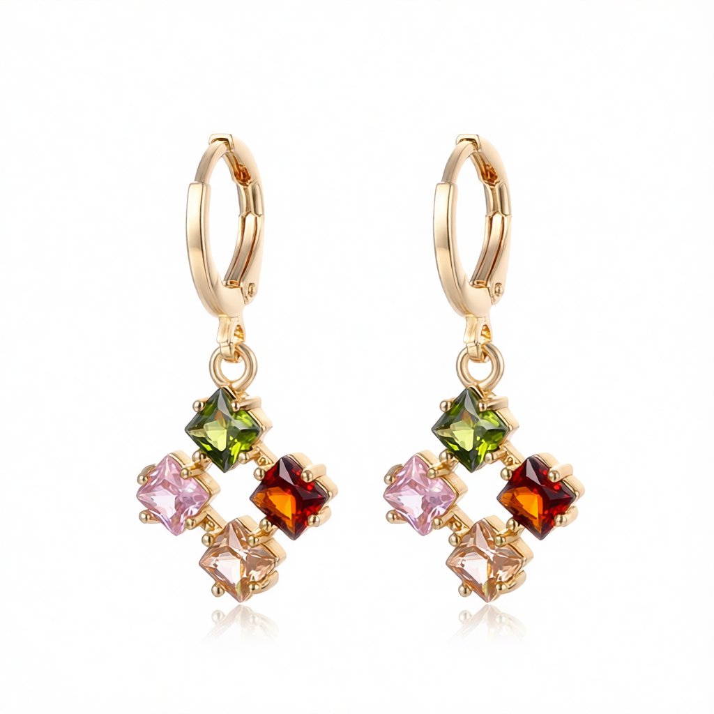Multicolor Crystal and Cubic Zirconia Princess-Cut Huggie Earrings, huggie earrings, elegant gift for her, side view