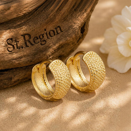 18K Gold-Plated Texture Huggie Earrings, gold huggie earrings, botanical inspired, front view