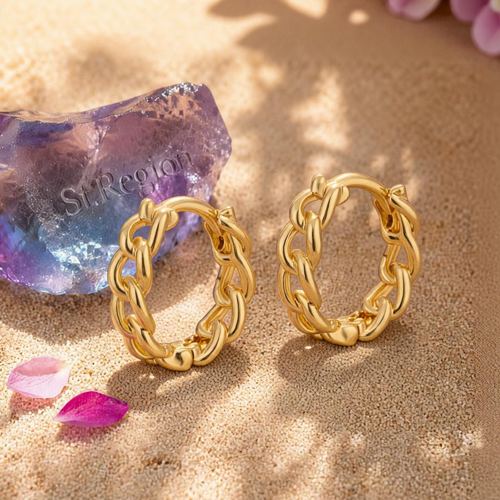 Goldtone Curb Chain Huggie Earrings, gold huggie earrings, everyday style, detail close-up