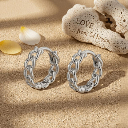 Silvertone Curb Chain Huggie Earrings, silver huggie earrings, vintage-inspired design, lifestyle look