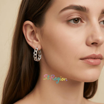 Silvertone Curb Chain Huggie Earrings, silver huggie earrings, vintage-inspired design, styled look
