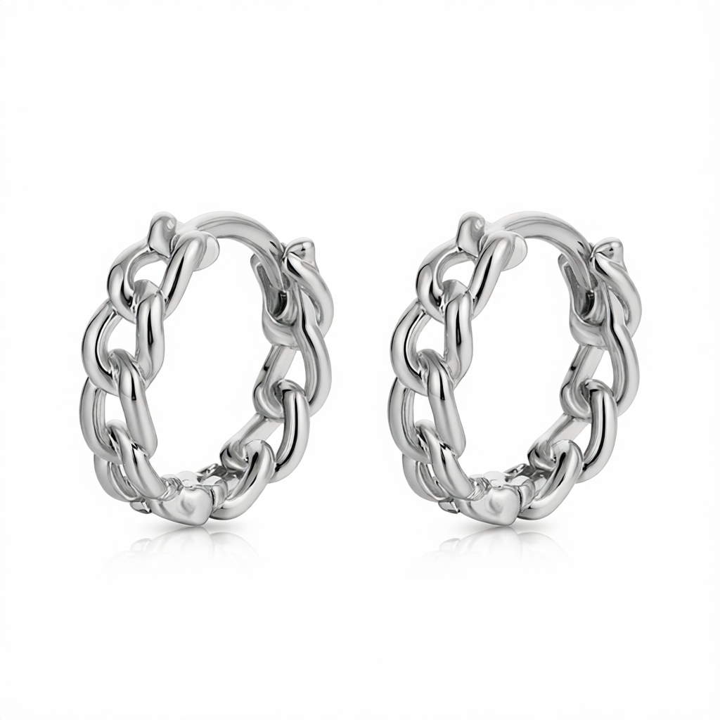 Silvertone Curb Chain Huggie Earrings
