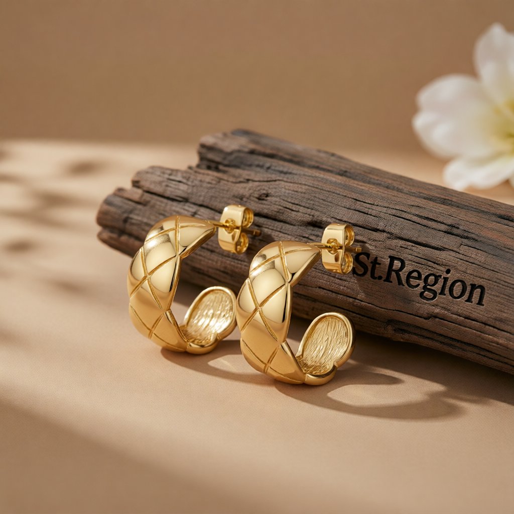 18K Gold-Plated C-Shape Quilt Pattern Huggie Earrings, gold huggie earrings, vintage-inspired design, front view