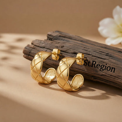 18K Gold-Plated C-Shape Quilt Pattern Huggie Earrings, gold huggie earrings, vintage-inspired design, front view