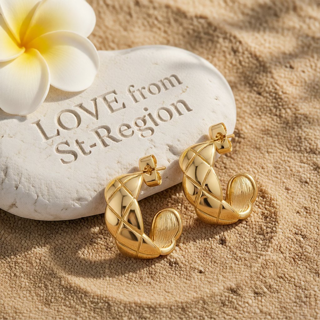 18K Gold-Plated C-Shape Quilt Pattern Huggie Earrings, gold huggie earrings, vintage-inspired design, lifestyle look
