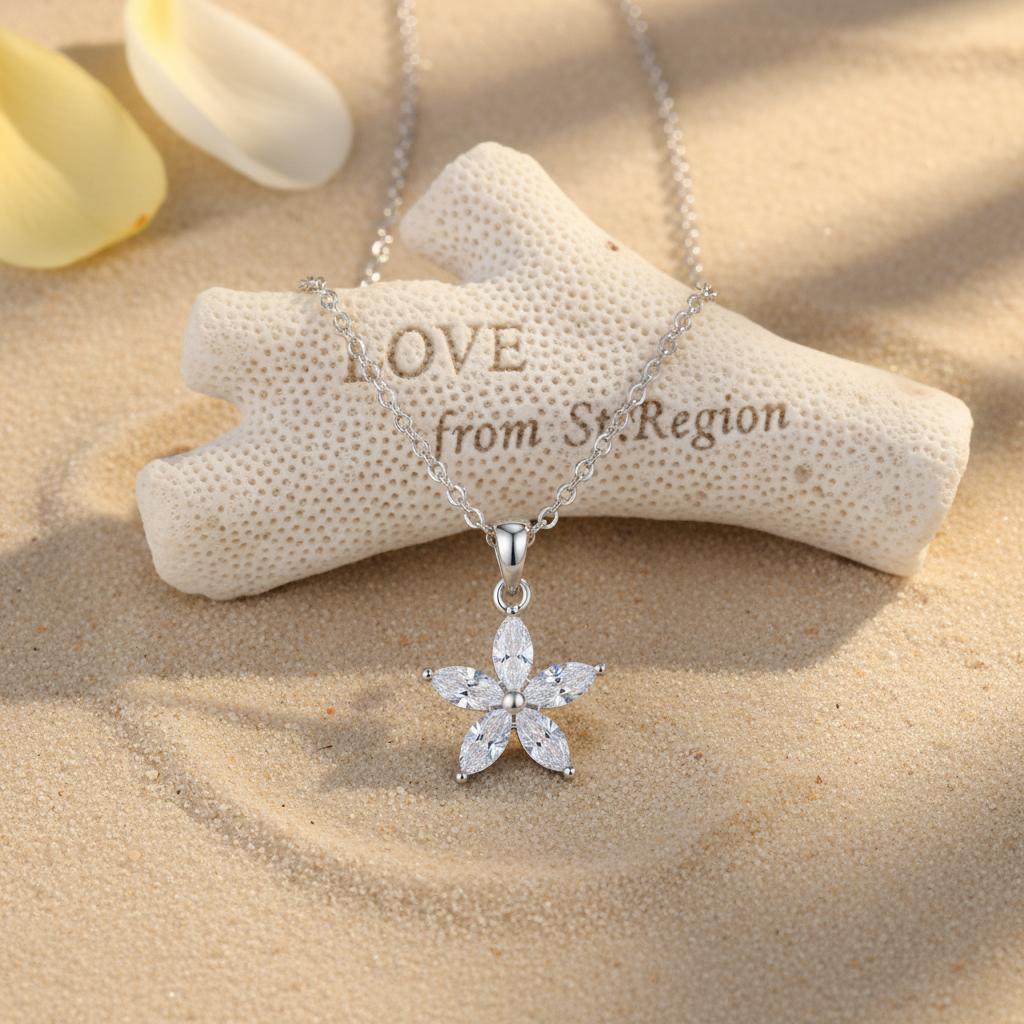 Crystal and Silver-Plated Marquise Flower Pendant Necklace, silver pendant necklace for women, front view