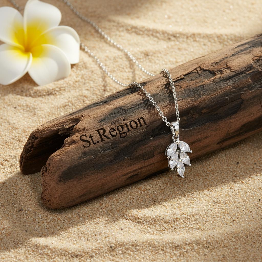 Marquise Crystal and Silver-Plated Leaves Pendant Necklace, silver pendant necklace for women, detail close-up