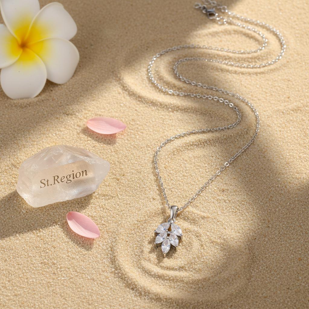 Marquise Crystal and Silver-Plated Leaves Pendant Necklace, silver pendant necklace for women, everyday style, lifestyle look