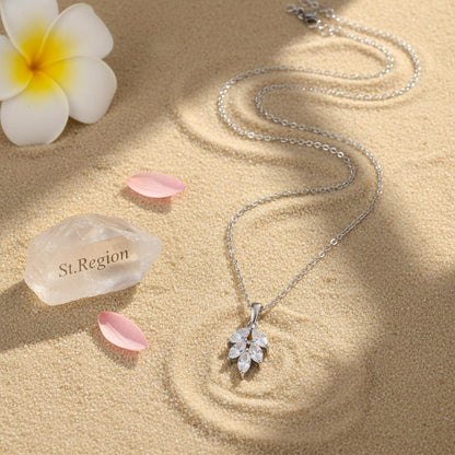 Marquise Crystal and Silver-Plated Leaves Pendant Necklace, silver pendant necklace for women, everyday style, lifestyle look
