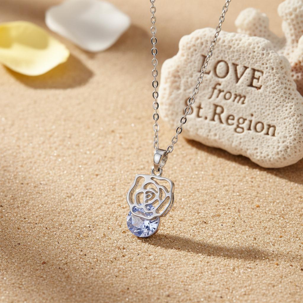 Crystal and Silver-Plated Rose Pendant Necklace, silver pendant necklace for women, vintage-inspired design, front view