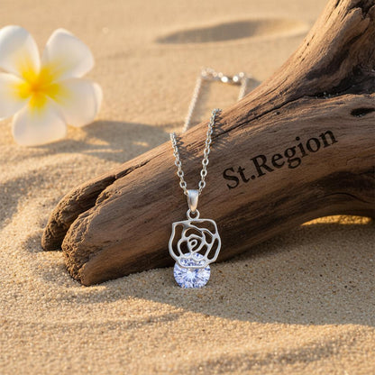Crystal and Silver-Plated Rose Pendant Necklace, silver pendant necklace for women, vintage-inspired design, detail close-up