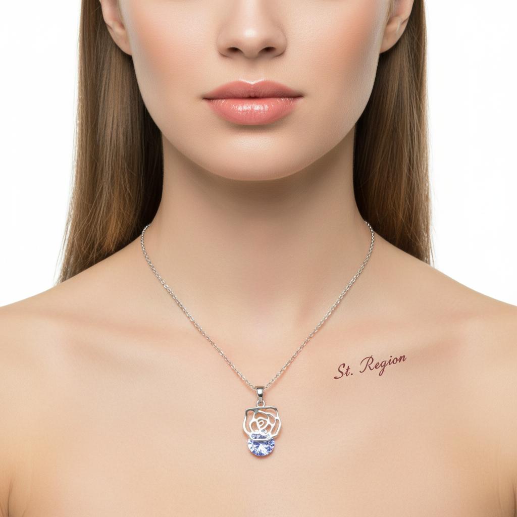 Crystal and Silver-Plated Rose Pendant Necklace, silver pendant necklace for women, vintage-inspired design, styled look