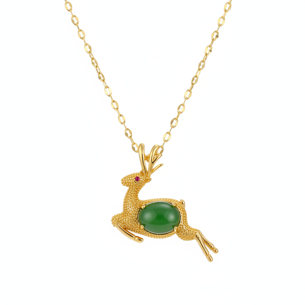 Green Jade & Cubic Zirconia Reindeer Pendant Necklace - Street Region