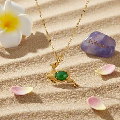 Green Jade & Cubic Zirconia Reindeer Pendant Necklace - Street Region