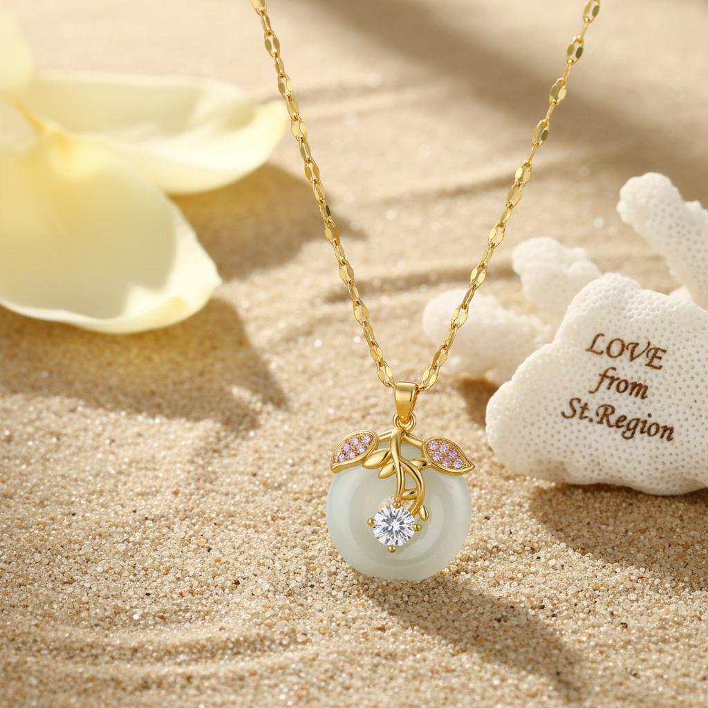 Jade and Cubic Zirconia 18K Gold-Plated Botanical Pendant Necklace, gold pendant necklace for women, front view