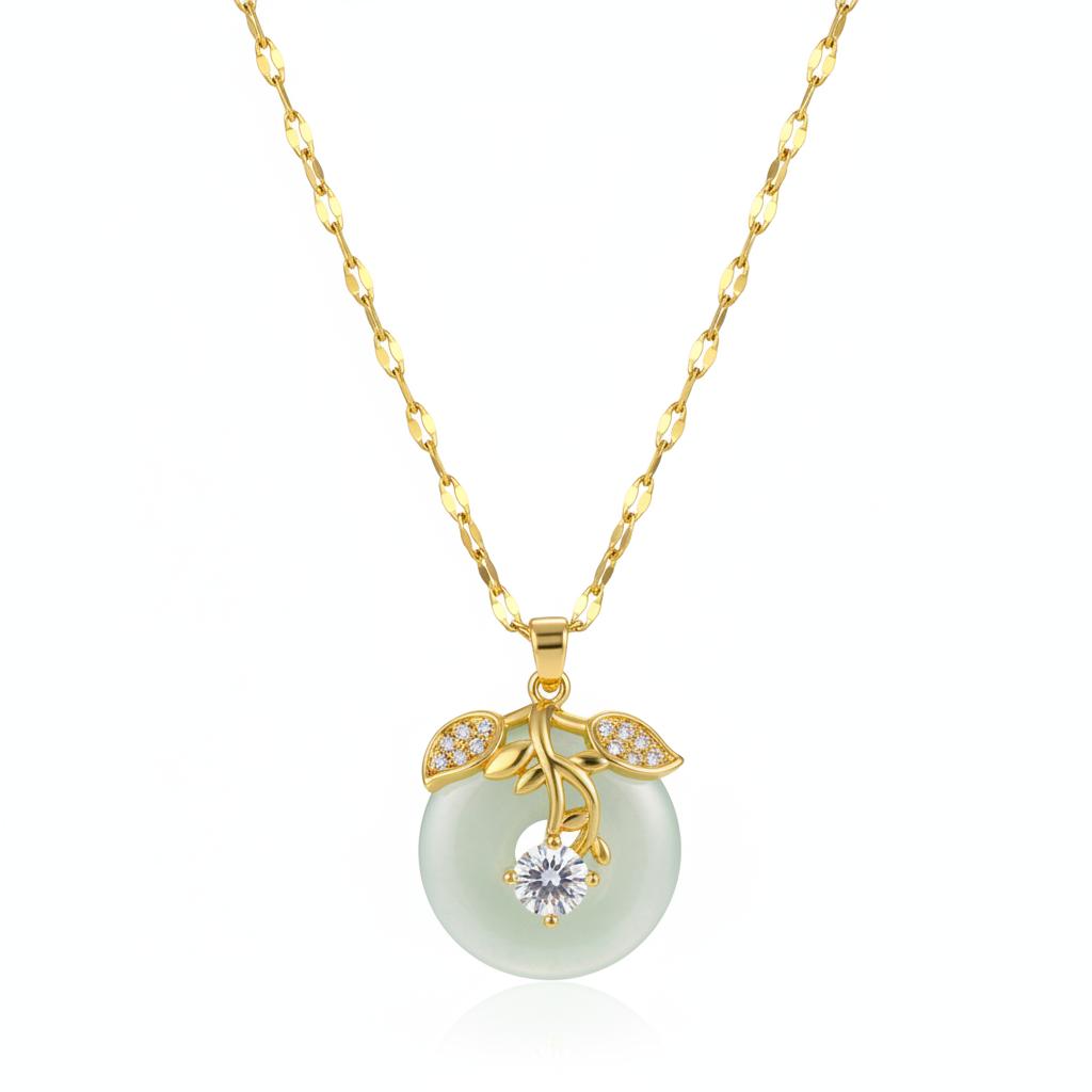 Jade and Cubic Zirconia 18K Gold-Plated Botanical Pendant Necklace, gold pendant necklace for women, side view