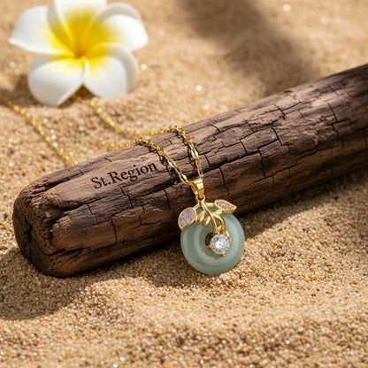 Jade and Cubic Zirconia 18K Gold-Plated Botanical Pendant Necklace, gold pendant necklace for women, detail close-up