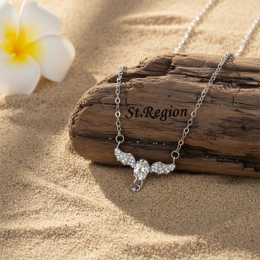 Crystal and Cubic Zirconia Bat Wing Pendant Necklace, pendant necklace for women, vintage-inspired design, detail close-up