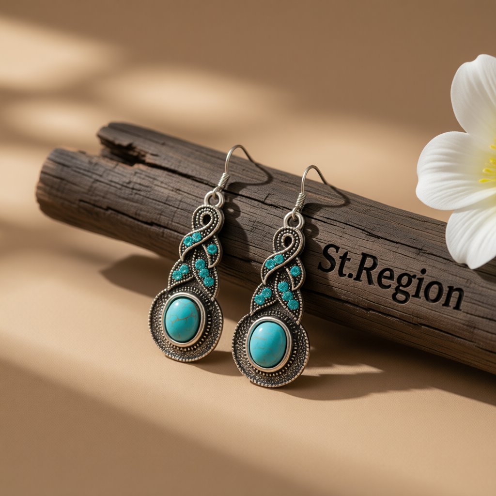Cubic Zirconia and Turquoise Silver-Plated Twist Drop Earrings, silver drop earrings for women, front view
