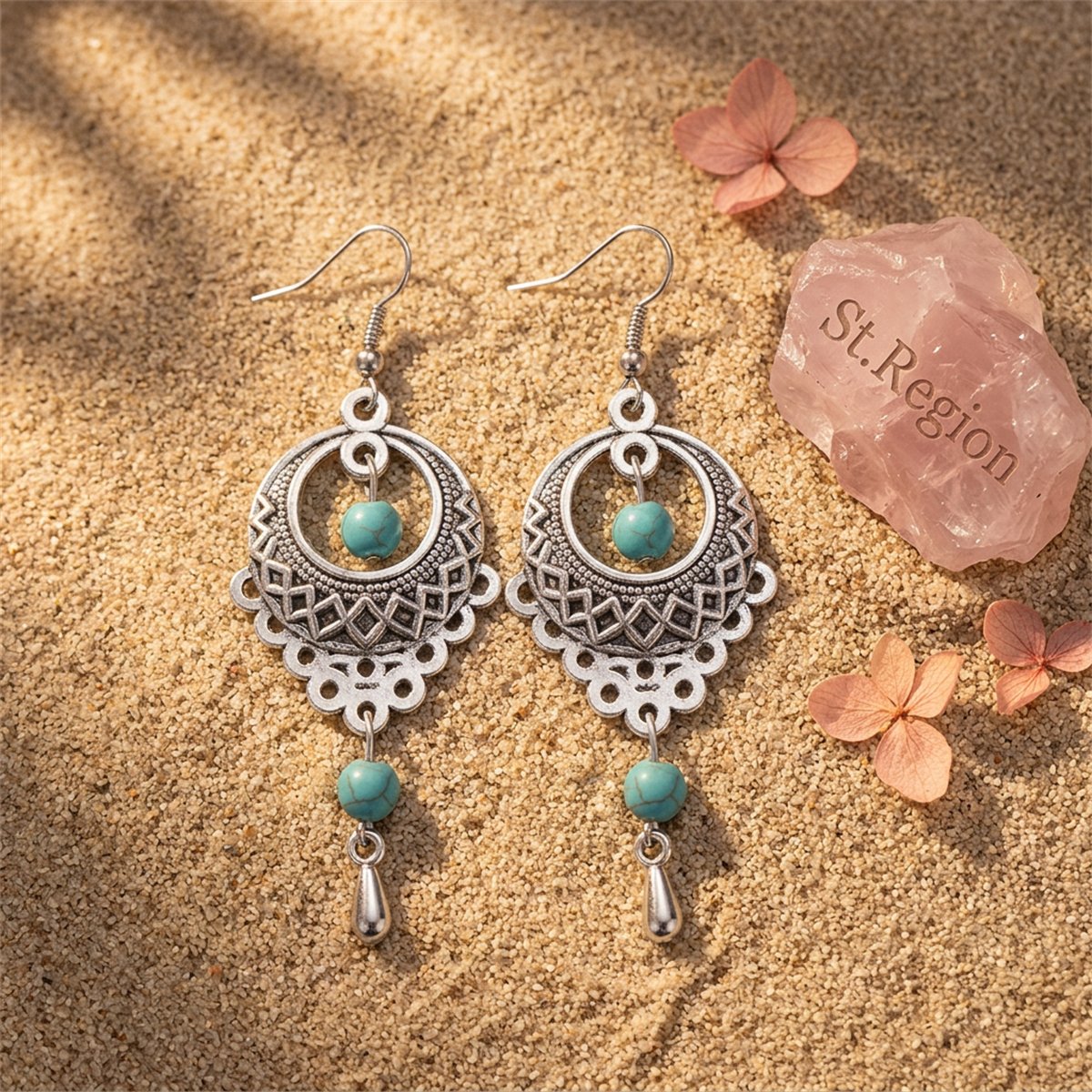 Turquoise and Silver-Plated Botany Drop Earrings, silver drop earrings for women, vintage-inspired design, detail close-up
