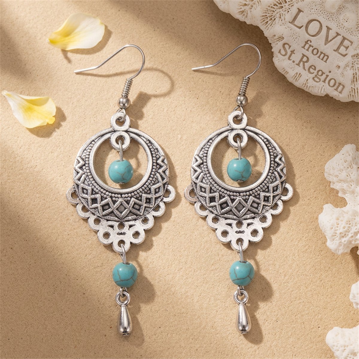 Turquoise and Silver-Plated Botany Drop Earrings, silver drop earrings for women, vintage-inspired design, lifestyle look