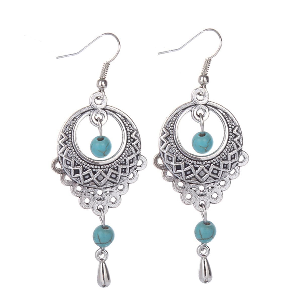 Turquoise and Silver-Plated Botany Drop Earrings, silver drop earrings for women, vintage-inspired design, side view
