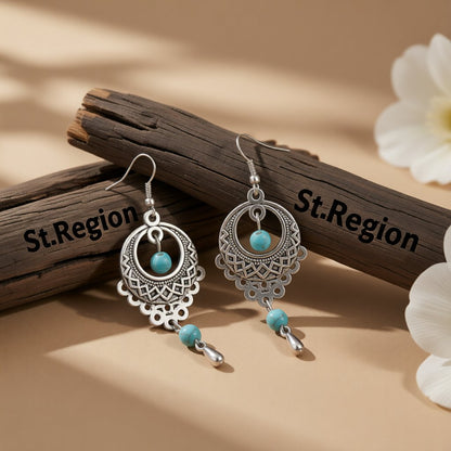 Turquoise and Silver-Plated Botany Drop Earrings, silver drop earrings for women, vintage-inspired design, front view