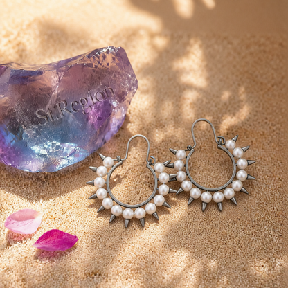 Pearl & Rhodium-Plated Spike Hoop Earrings