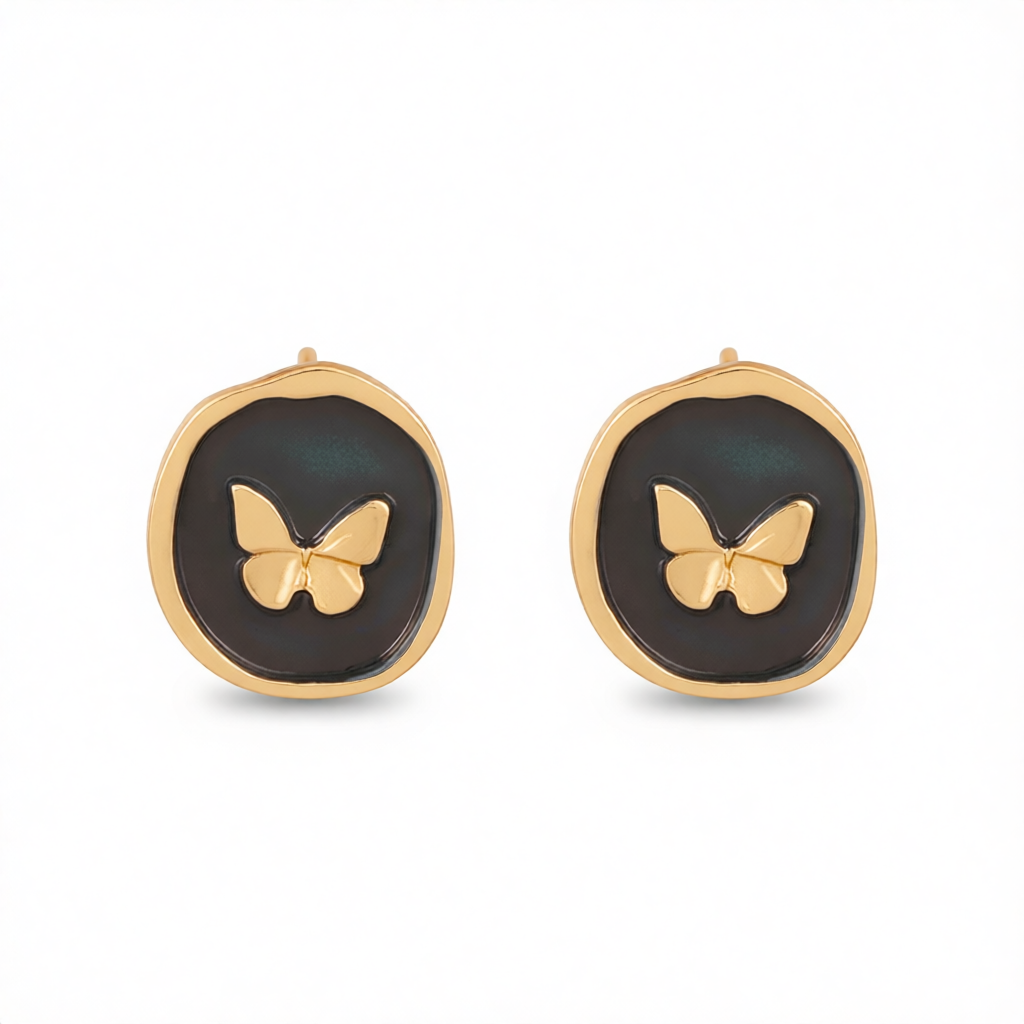 Black Enamel & 18K Gold-Plated Butterfly Stud Earrings