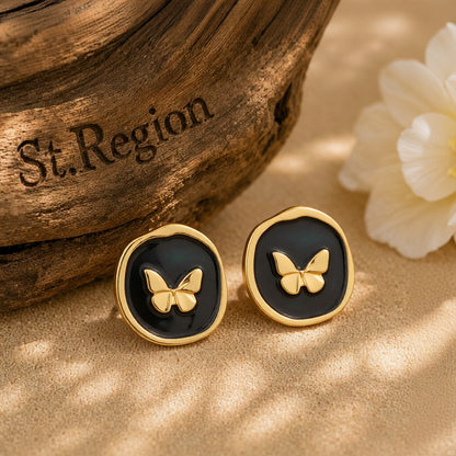Black Enamel & 18K Gold-Plated Butterfly Stud Earrings