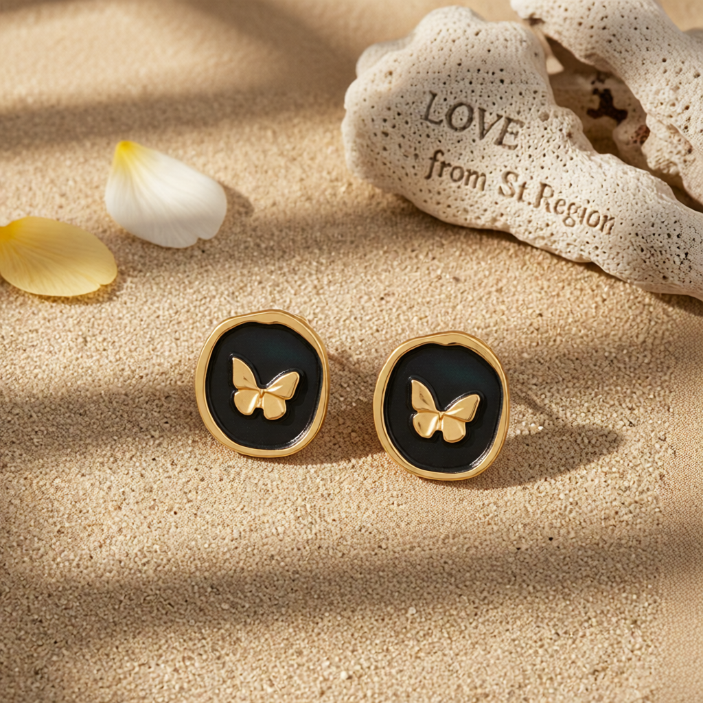 Black Enamel & 18K Gold-Plated Butterfly Stud Earrings