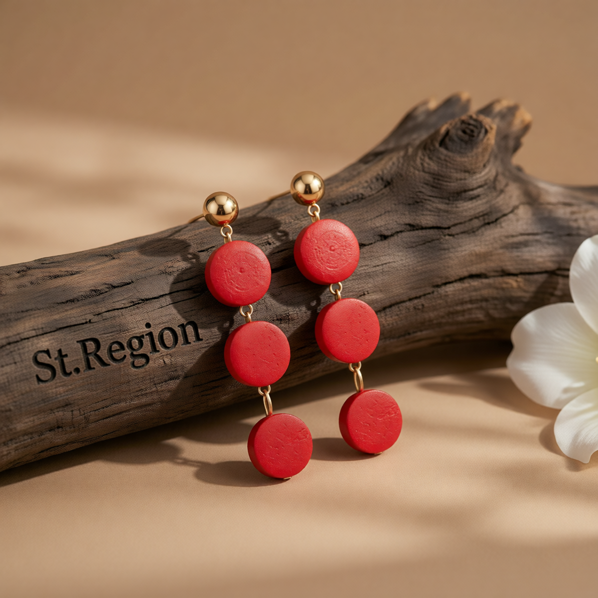 Red Wood & 18K Gold-Plated Tiered Round Drop Earrings