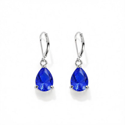 Navy Crystal and Silver-Plated Pear-Cut Drop Earrings, silver huggie earrings, botanical inspired, side view