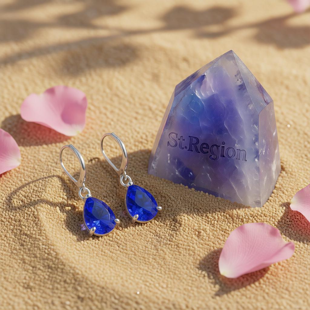 Navy Crystal and Silver-Plated Pear-Cut Drop Earrings, silver huggie earrings, botanical inspired, detail close-up
