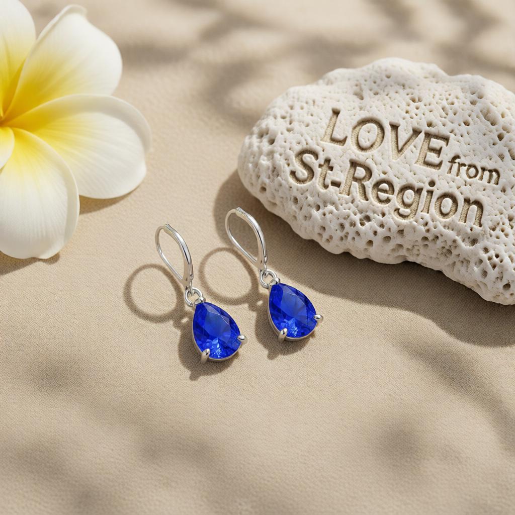 Navy Crystal and Silver-Plated Pear-Cut Drop Earrings, silver huggie earrings, botanical inspired, lifestyle look