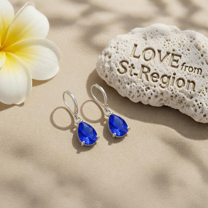 Navy Crystal and Silver-Plated Pear-Cut Drop Earrings, silver huggie earrings, botanical inspired, lifestyle look