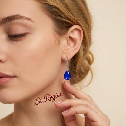 Navy Crystal and Silver-Plated Pear-Cut Drop Earrings, silver huggie earrings, botanical inspired, styled look