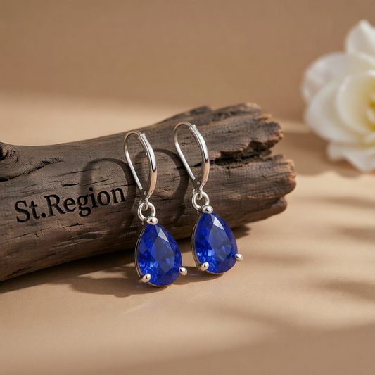 Navy Crystal & Silver-Plated Pear-Cut Drop Earrings