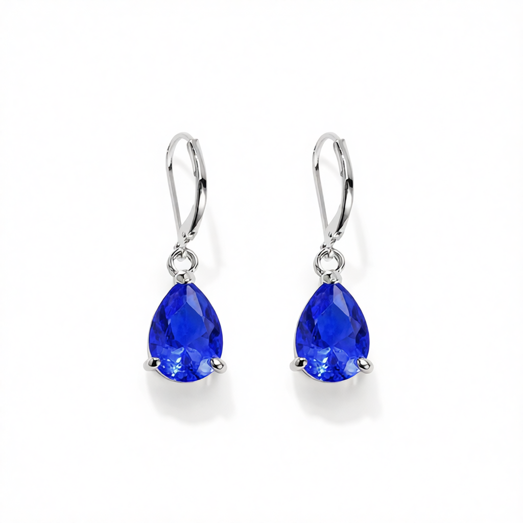 Navy Crystal & Silver-Plated Pear-Cut Drop Earrings