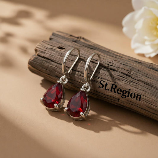 Red Crystal & Silver-Plated Teardrop Huggie Earrings