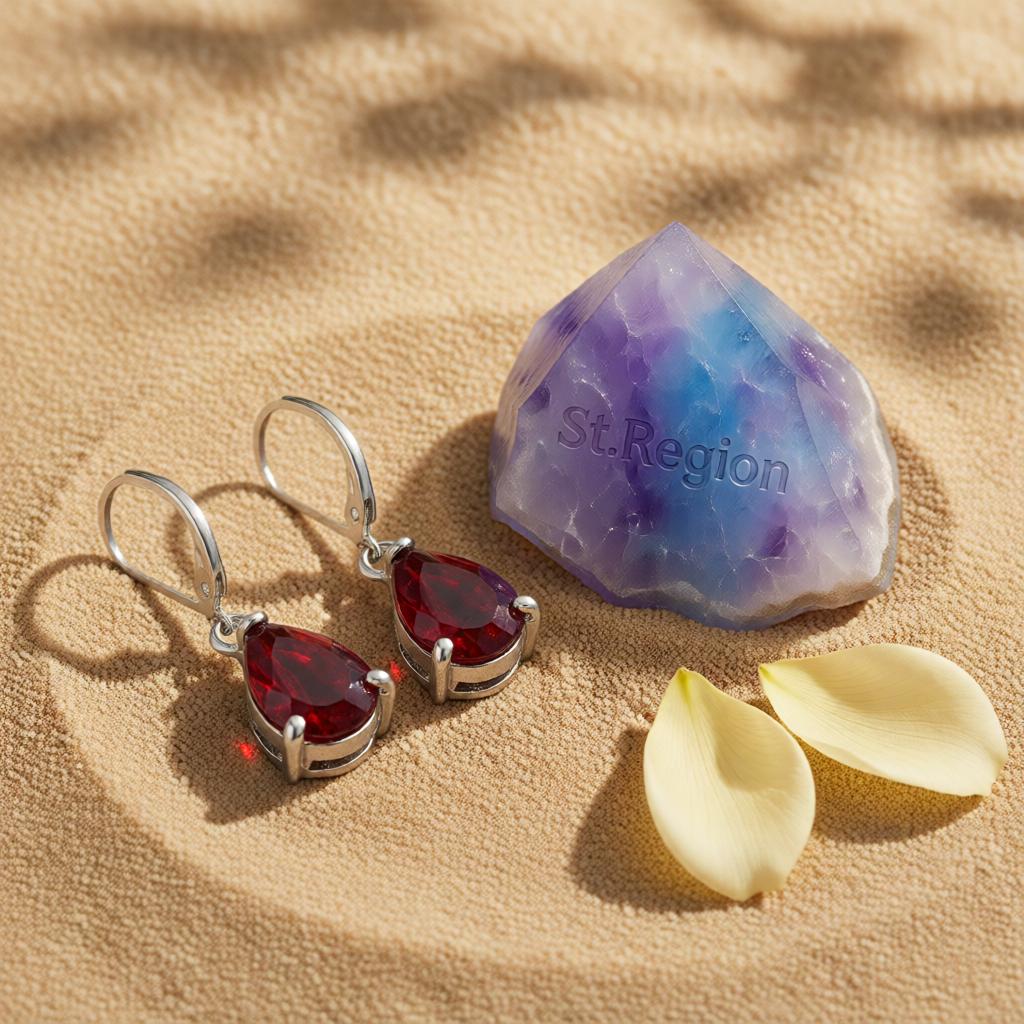 Red Crystal and Silver-Plated Teardrop Huggie Earrings, silver huggie earrings, vintage-inspired design, detail close-up