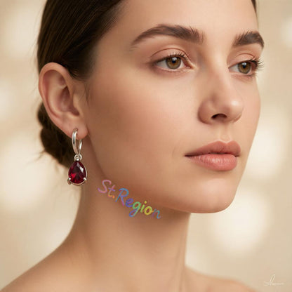 Red Crystal and Silver-Plated Teardrop Huggie Earrings, silver huggie earrings, vintage-inspired design, styled look