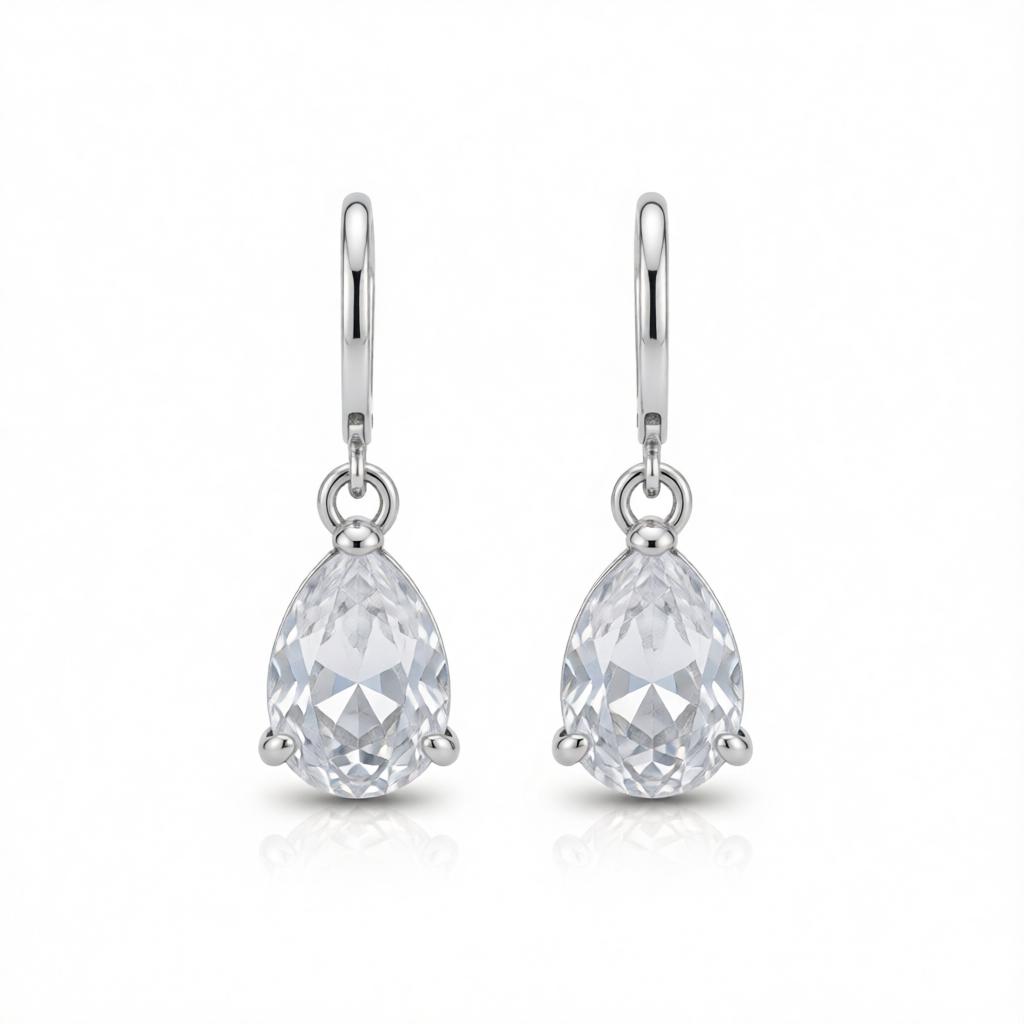 Clear Crystal and Silver-Plated Pear-Cut Drop Earrings, silver huggie earrings, dainty minimalist design, side view