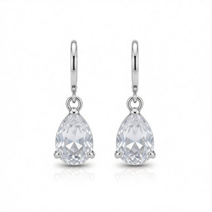 Clear Crystal and Silver-Plated Pear-Cut Drop Earrings, silver huggie earrings, dainty minimalist design, side view