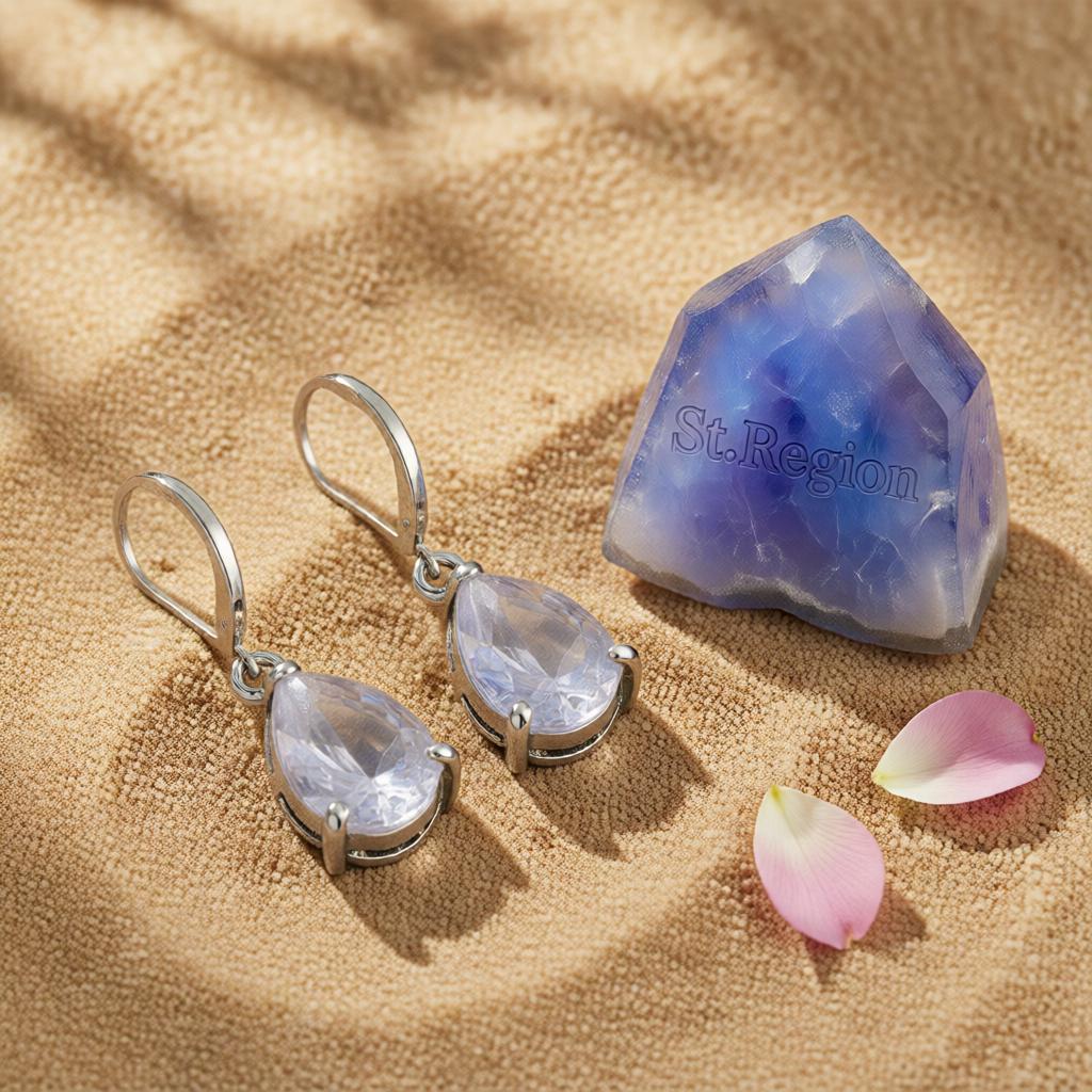 Clear Crystal and Silver-Plated Pear-Cut Drop Earrings, silver huggie earrings, dainty minimalist design, detail close-up