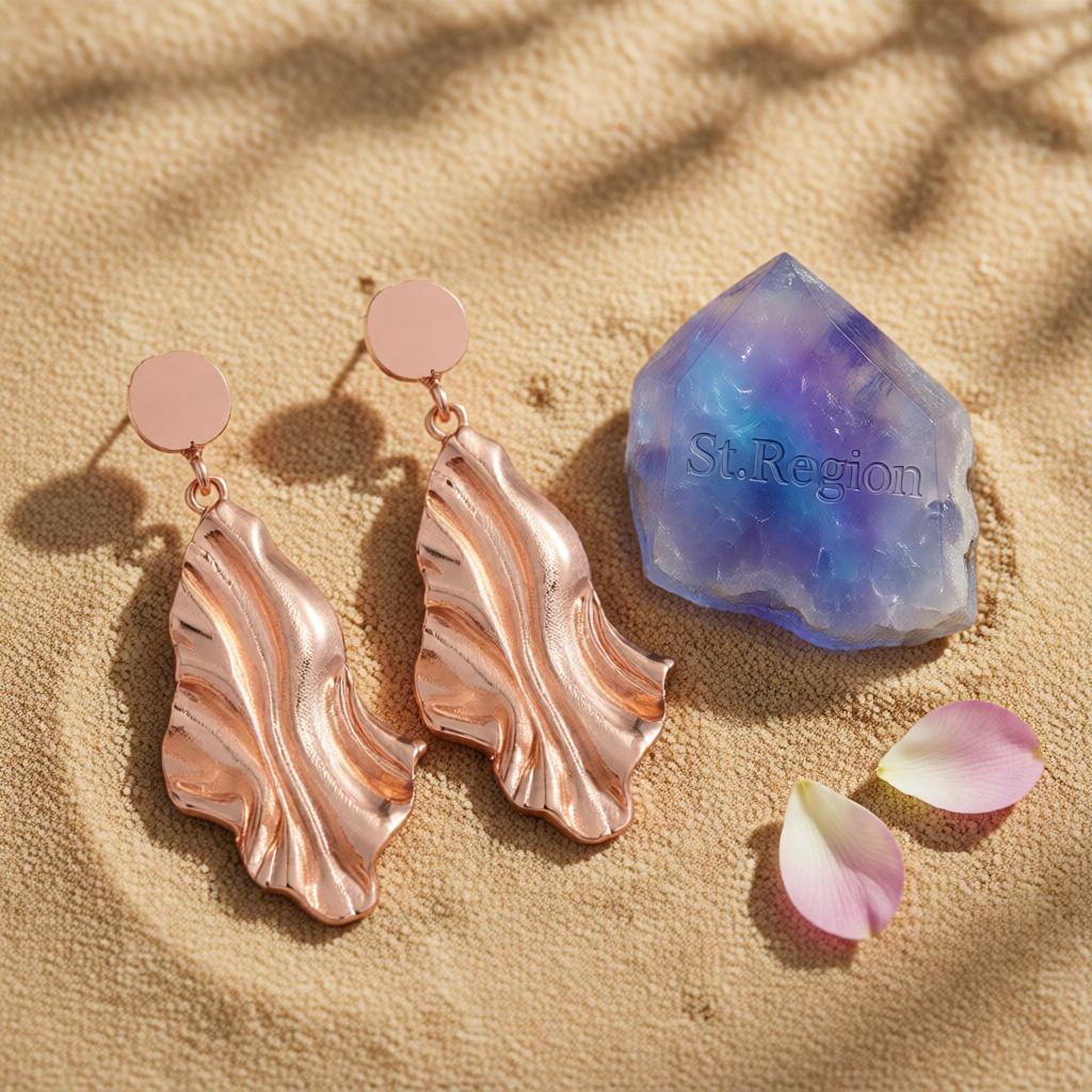 18K Rose Gold-Plated Textured Drop Earrings, rose gold drop earrings for women, botanical inspired, detail close-up