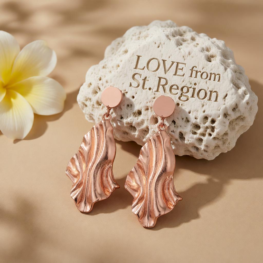 18K Rose Gold-Plated Textured Drop Earrings, rose gold drop earrings for women, botanical inspired, lifestyle look