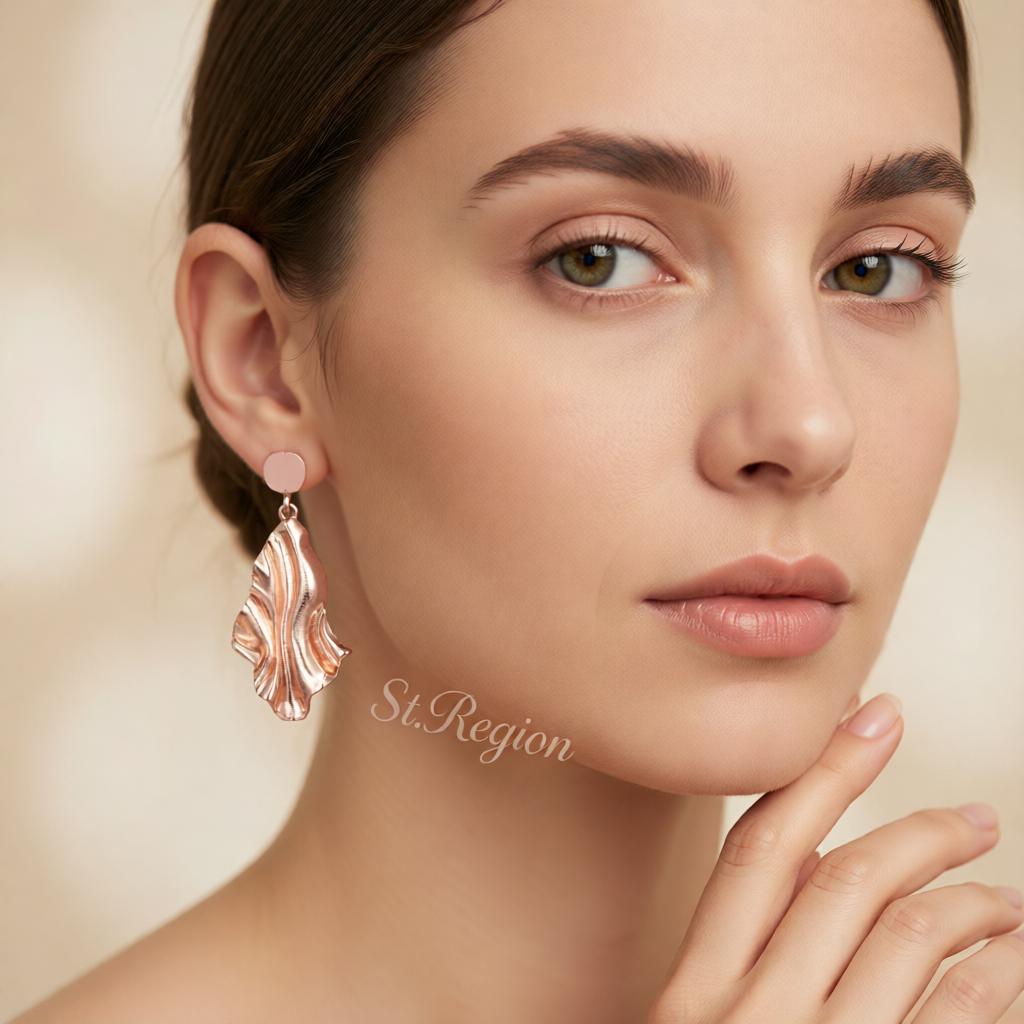 18K Rose Gold-Plated Textured Drop Earrings, rose gold drop earrings for women, botanical inspired, styled look